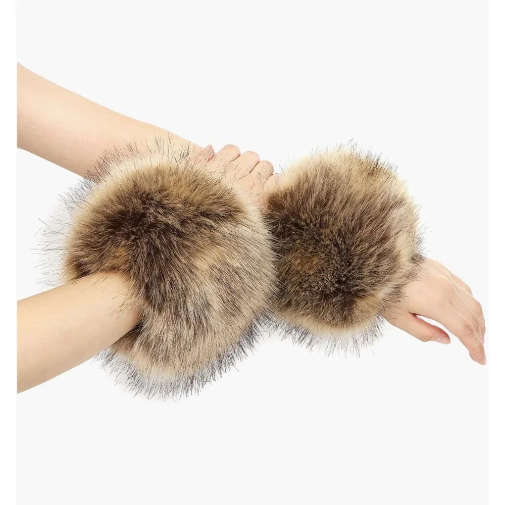 Brown Fuzzy Faux Fur Pom Pom Wrist Cuffs Furry Bands Arm‎ Warmers Boot Covers